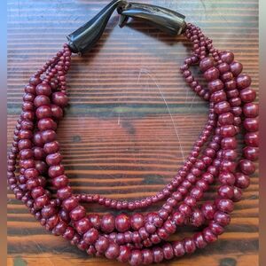 Chunky Multi-Strand Wood Bead Necklace – Burgundy with Carved Horn Clasp